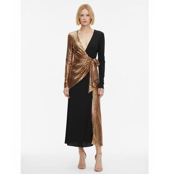 Prabal Gurung Sequin Wrap Midi Dress 4 Gold Black NWT - Picture 2 of 15
